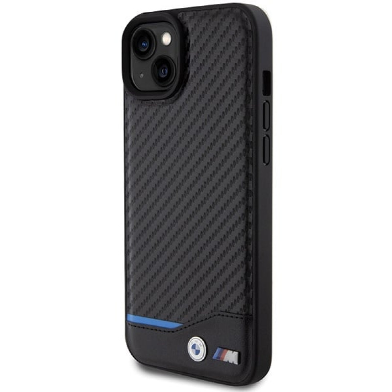 BMW BMHCP15M22NBCK Leather Carbon -kovakotelo Apple iPhone 15 Plus / 14 Plus -puhelimelle, musta