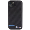 BMW BMHCP15M22NBCK Leather Carbon -kovakotelo Apple iPhone 15 Plus / 14 Plus -puhelimelle, musta