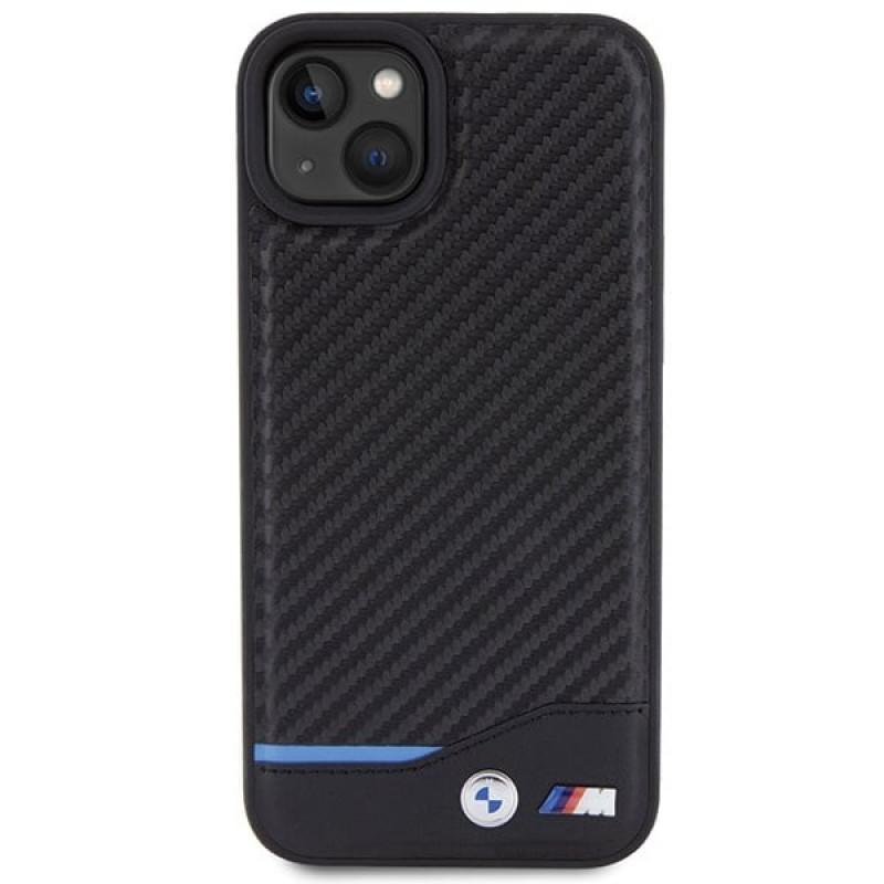 BMW BMHCP15M22NBCK Leather Carbon -kovakotelo Apple iPhone 15 Plus / 14 Plus -puhelimelle, musta