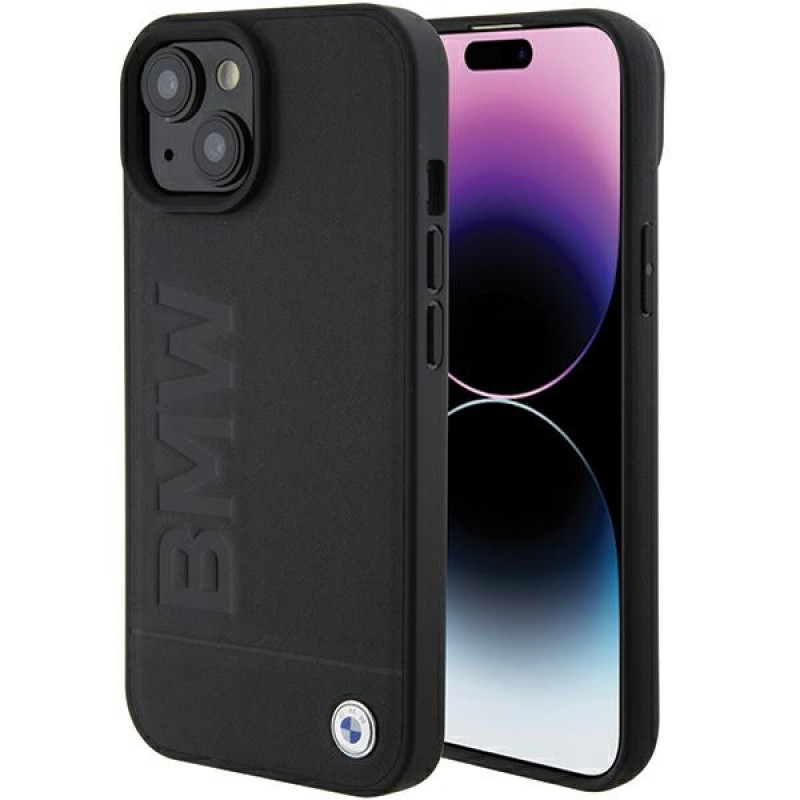 BMW BMHMP15MSLLBK Leather Hot Stamp MagSafe -nahkakotelo Apple iPhone 15 Plus / 14 Plus -puhelimelle, musta