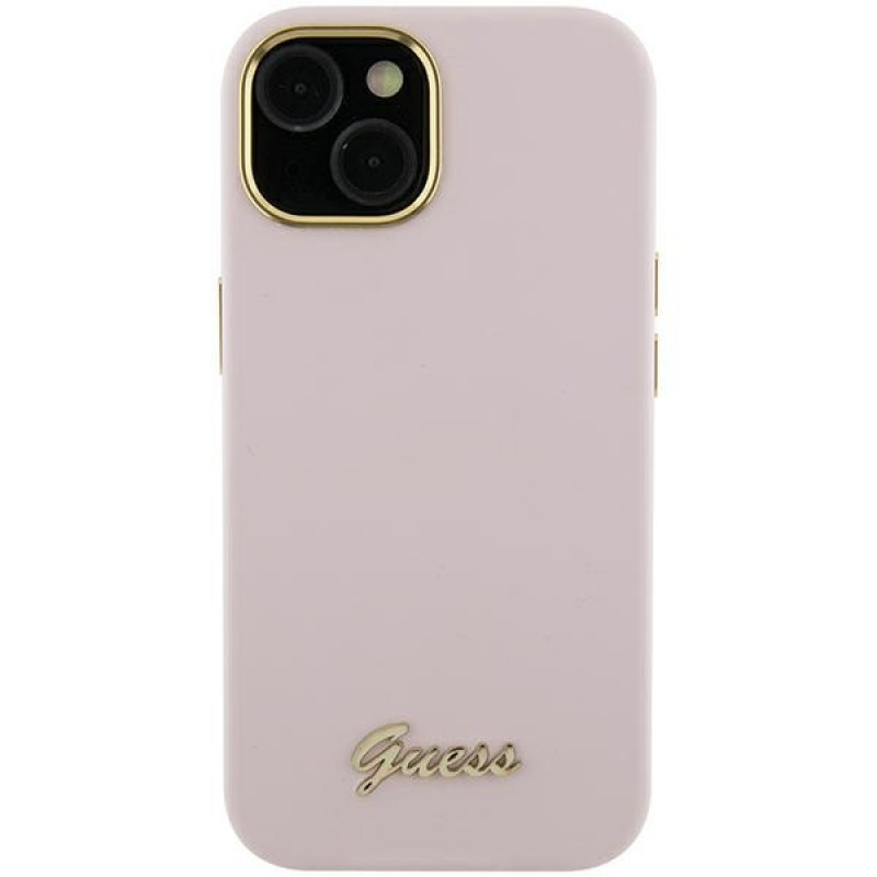 Guess GUHCP15XSMBSLP Silicone Script Metal Logo & Frame -kovakotelo Apple iPhone 15 Pro Max -puhelimelle, pinkki