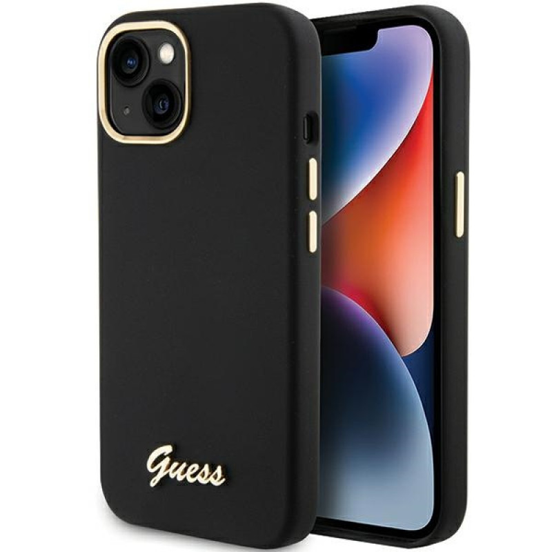 Guess GUHCP15SSMBSLK Silicone Script Metal Logo & Frame -kovakotelo Apple iPhone 15 / 14 / 13 -puhelimelle, musta