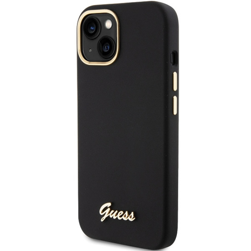 Guess GUHCP15SSMBSLK Silicone Script Metal Logo & Frame -kovakotelo Apple iPhone 15 / 14 / 13 -puhelimelle, musta