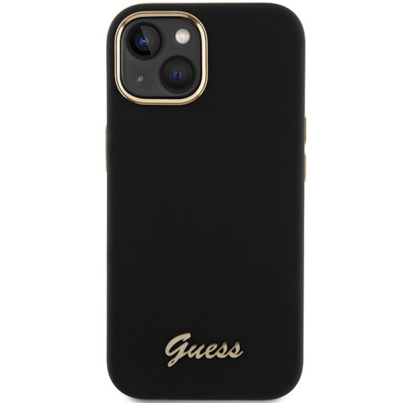 Guess GUHCP15SSMBSLK Silicone Script Metal Logo & Frame -kovakotelo Apple iPhone 15 / 14 / 13 -puhelimelle, musta