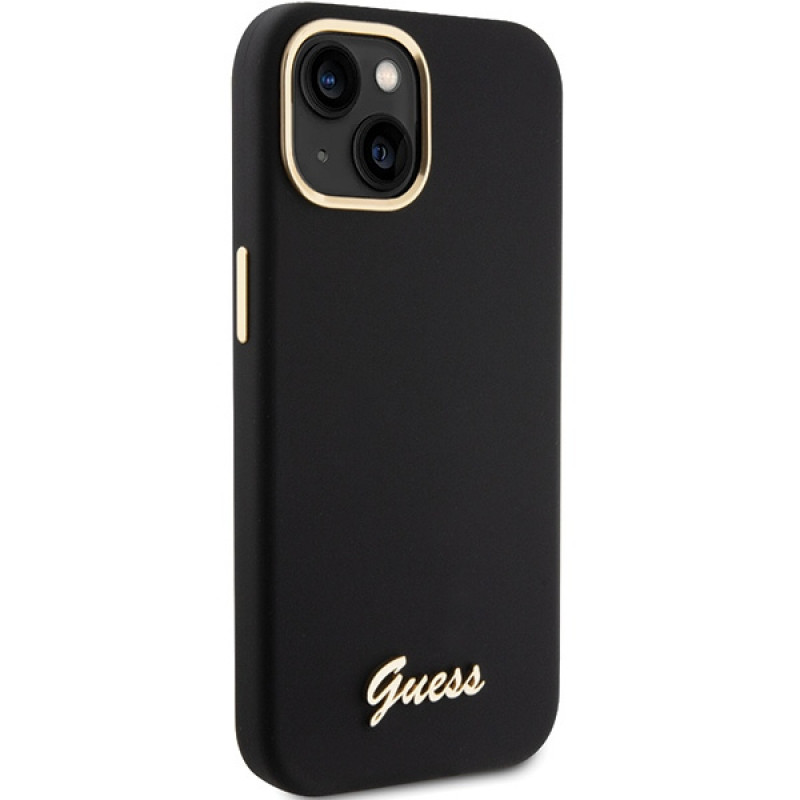 Guess GUHCP15SSMBSLK Silicone Script Metal Logo & Frame -kovakotelo Apple iPhone 15 / 14 / 13 -puhelimelle, musta