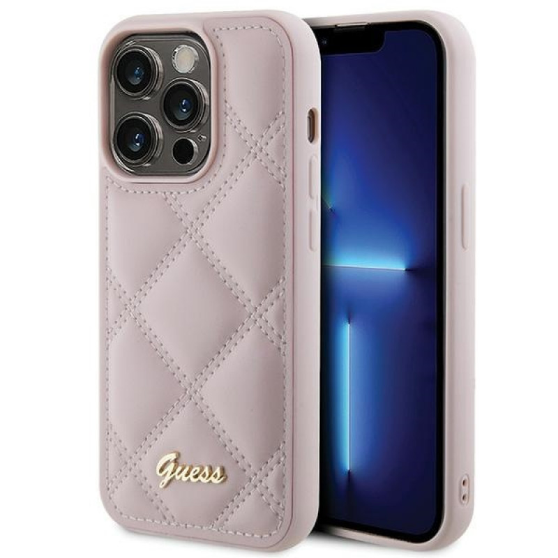 Guess GUHCP15LPSQSQSP Quilted Metal Logo -kovakotelo Apple iPhone 15 Pro -puhelimelle, pinkki