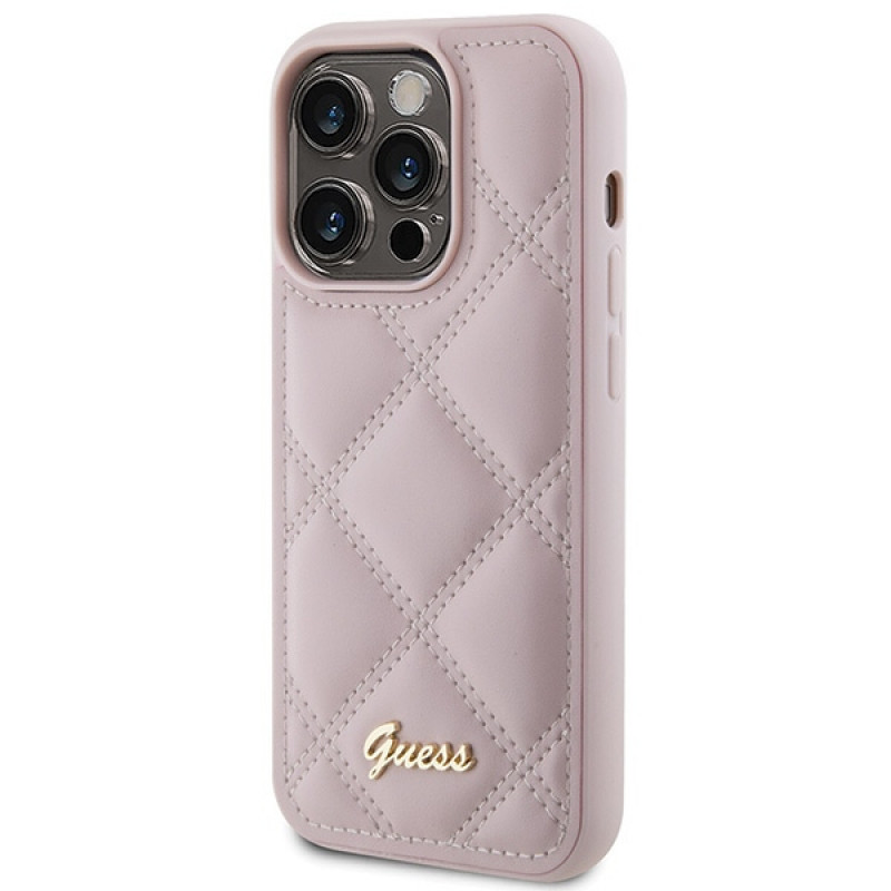 Guess GUHCP15LPSQSQSP Quilted Metal Logo -kovakotelo Apple iPhone 15 Pro -puhelimelle, pinkki