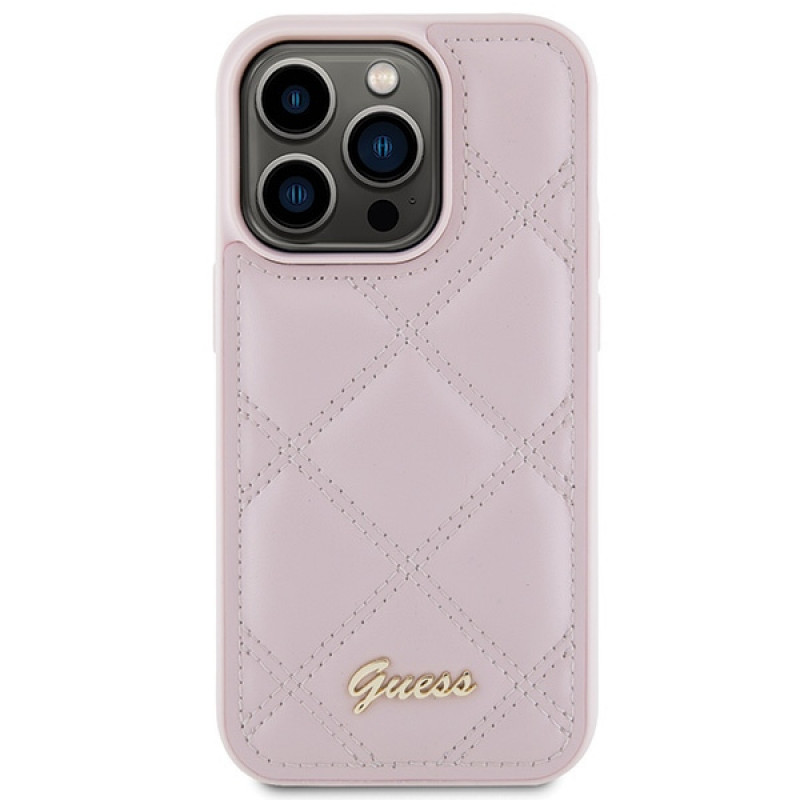 Guess GUHCP15LPSQSQSP Quilted Metal Logo -kovakotelo Apple iPhone 15 Pro -puhelimelle, pinkki
