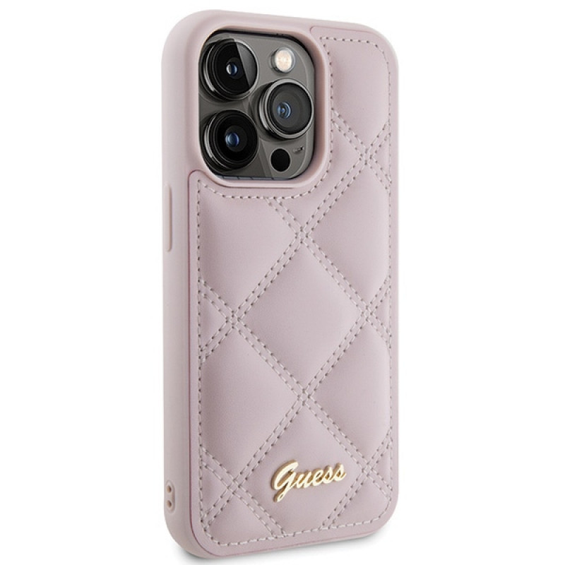Guess GUHCP15LPSQSQSP Quilted Metal Logo -kovakotelo Apple iPhone 15 Pro -puhelimelle, pinkki