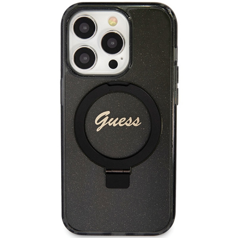 Guess GUHMP15LHRSGSK Ring Stand Script Glitter MagSafe -kovakotelo Apple iPhone 15 Pro -puhelimelle, musta