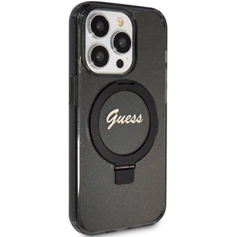 Guess GUHMP15LHRSGSK Ring Stand Script Glitter MagSafe -kovakotelo Apple iPhone 15 Pro -puhelimelle, musta