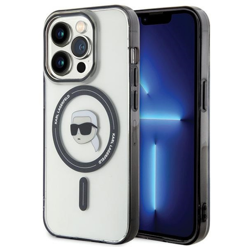 Karl Lagerfeld KLHMP15LHKHNOTK IML Karl's Head MagSafe -kovakotelo Apple iPhone 15 Pro -puhelimelle, läpinäkyvä