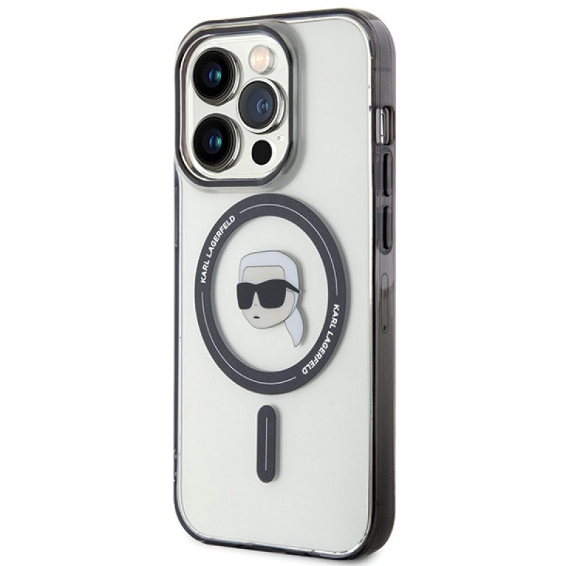 Karl Lagerfeld KLHMP15LHKHNOTK IML Karl's Head MagSafe -kovakotelo Apple iPhone 15 Pro -puhelimelle, läpinäkyvä