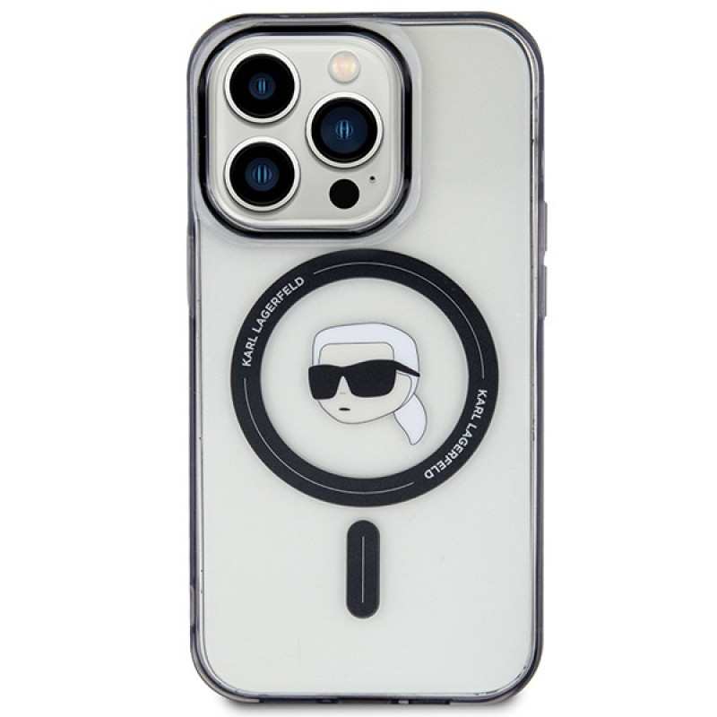 Karl Lagerfeld KLHMP15LHKHNOTK IML Karl's Head MagSafe -kovakotelo Apple iPhone 15 Pro -puhelimelle, läpinäkyvä