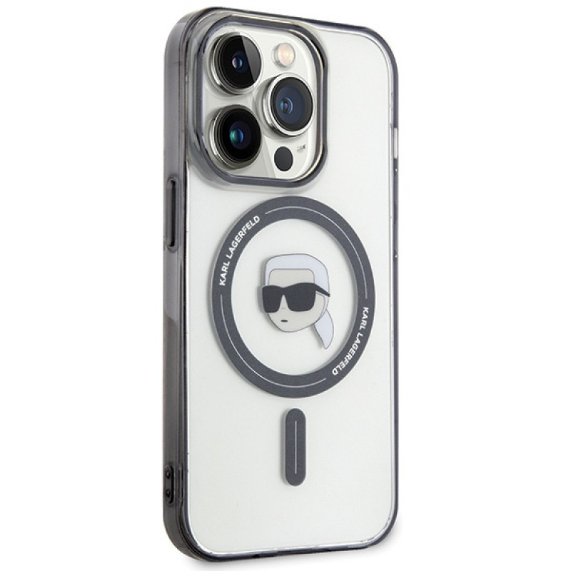 Karl Lagerfeld KLHMP15LHKHNOTK IML Karl's Head MagSafe -kovakotelo Apple iPhone 15 Pro -puhelimelle, läpinäkyvä