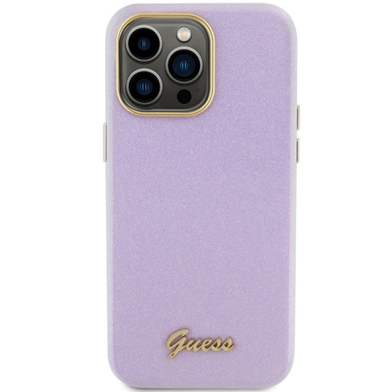 Guess GUHCP15XPGMCSL Glitter Glossy Script -kovakotelo Apple iPhone 15 Pro Max -puhelimelle, liila