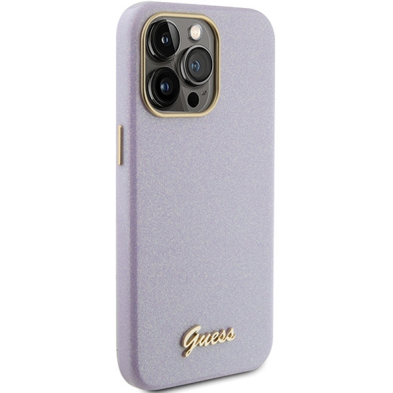 Guess GUHCP15XPGMCSL Glitter Glossy Script -kovakotelo Apple iPhone 15 Pro Max -puhelimelle, liila