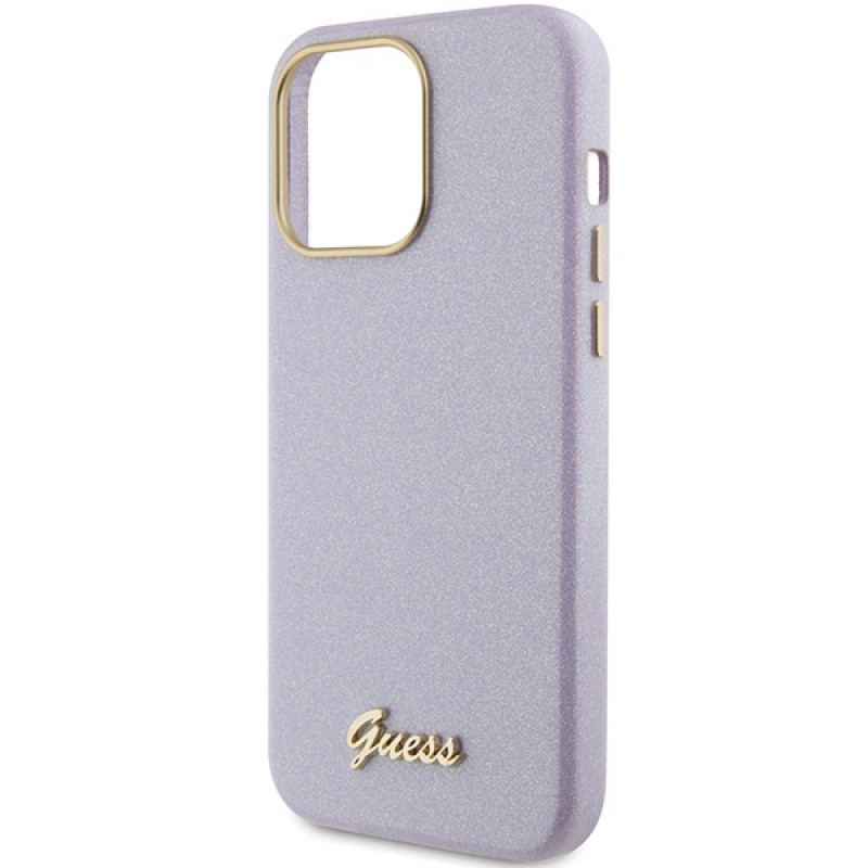 Guess GUHCP15XPGMCSL Glitter Glossy Script -kovakotelo Apple iPhone 15 Pro Max -puhelimelle, liila
