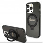 Guess GUHMP15XHRSGSK Ring Stand Script Glitter MagSafe -kovakuori Apple iPhone 15 Pro Max -puhelimelle, musta