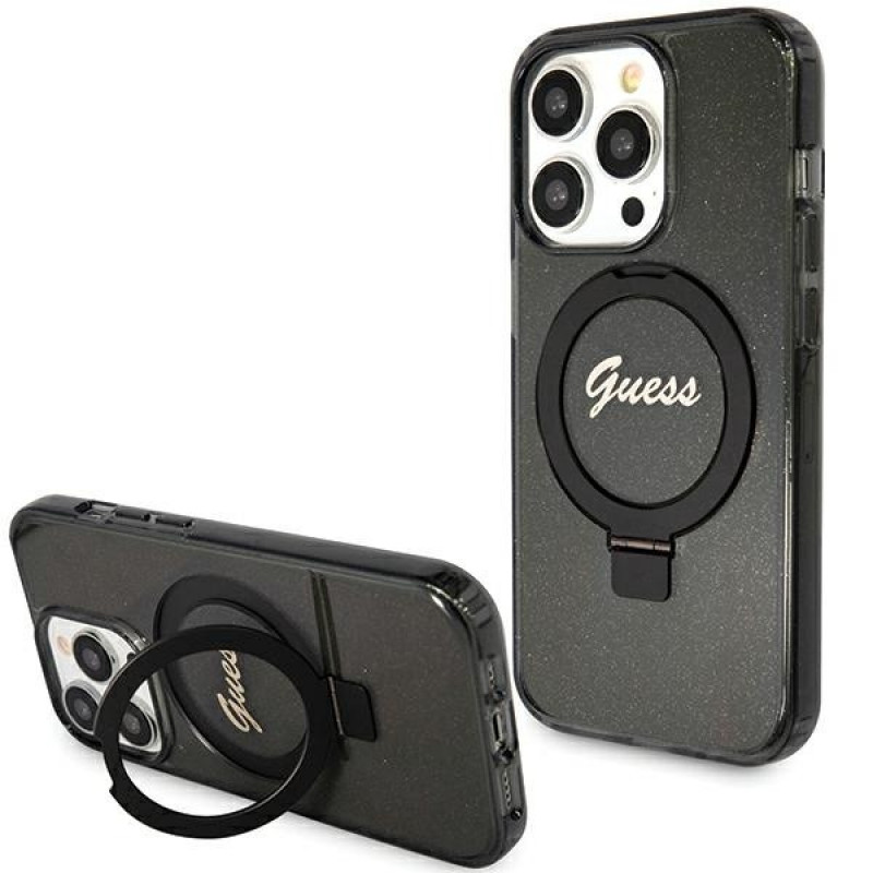 Guess GUHMP15XHRSGSK Ring Stand Script Glitter MagSafe -kovakuori Apple iPhone 15 Pro Max -puhelimelle, musta