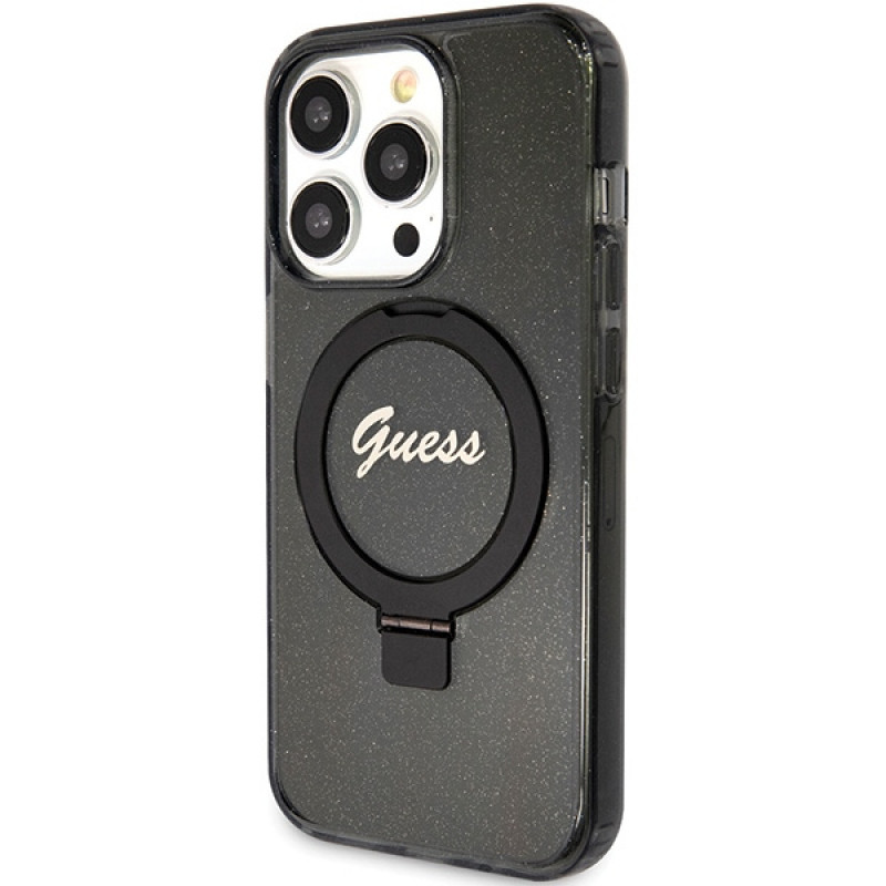 Guess GUHMP15XHRSGSK Ring Stand Script Glitter MagSafe -kovakuori Apple iPhone 15 Pro Max -puhelimelle, musta