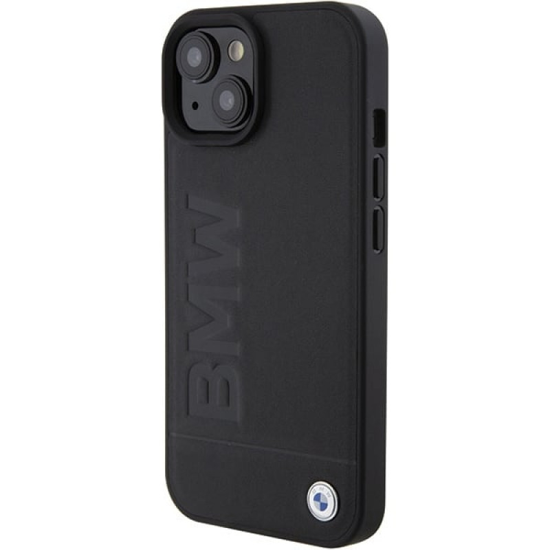 BMW BMHCP15MSLLBK Leather Hot Stamp -kovakotelo Apple iPhone 15 Plus / 14 Plus -puhelimelle, musta