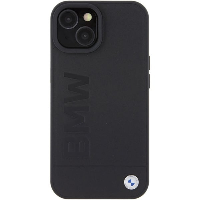 BMW BMHCP15MSLLBK Leather Hot Stamp -kovakotelo Apple iPhone 15 Plus / 14 Plus -puhelimelle, musta