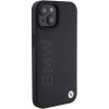 BMW BMHCP15MSLLBK Leather Hot Stamp -kovakotelo Apple iPhone 15 Plus / 14 Plus -puhelimelle, musta