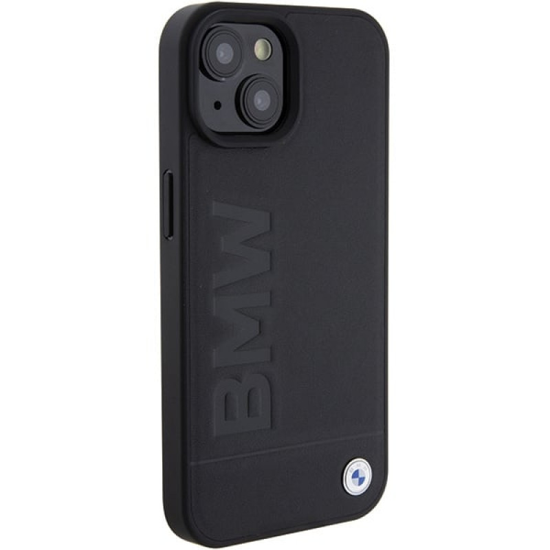 BMW BMHCP15MSLLBK Leather Hot Stamp -kovakotelo Apple iPhone 15 Plus / 14 Plus -puhelimelle, musta