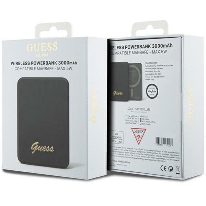 Guess GUPBM3ALGSGK varavirtalähde 3000 mAh, 5 W, MagSafe Metal Script Logo, musta