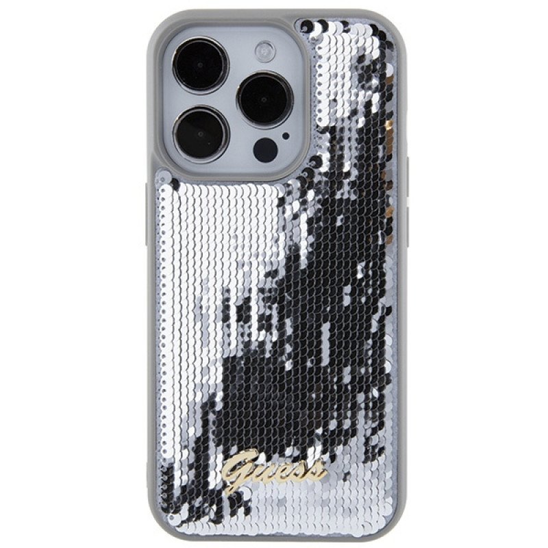Guess GUHCP15LPSFDGSS Sequin Script Metal -kovakotelo Apple iPhone 15 Pro -puhelimelle, hopea
