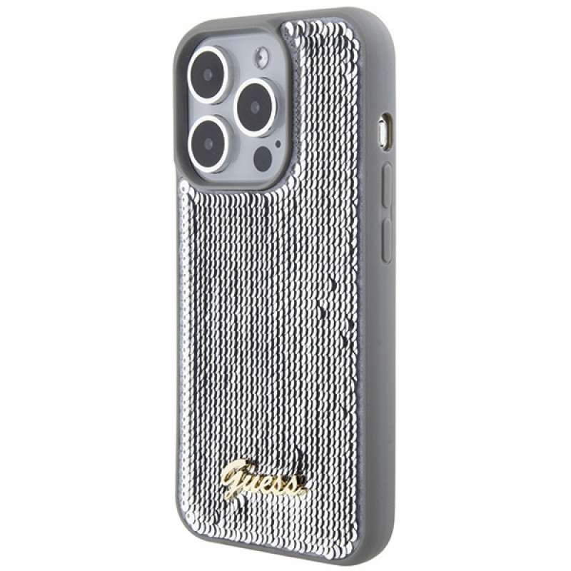 Guess GUHCP15XPSFDGSS Sequin Script Metal -kovakotelo Apple iPhone 15 Pro Max -puhelimelle, hopea