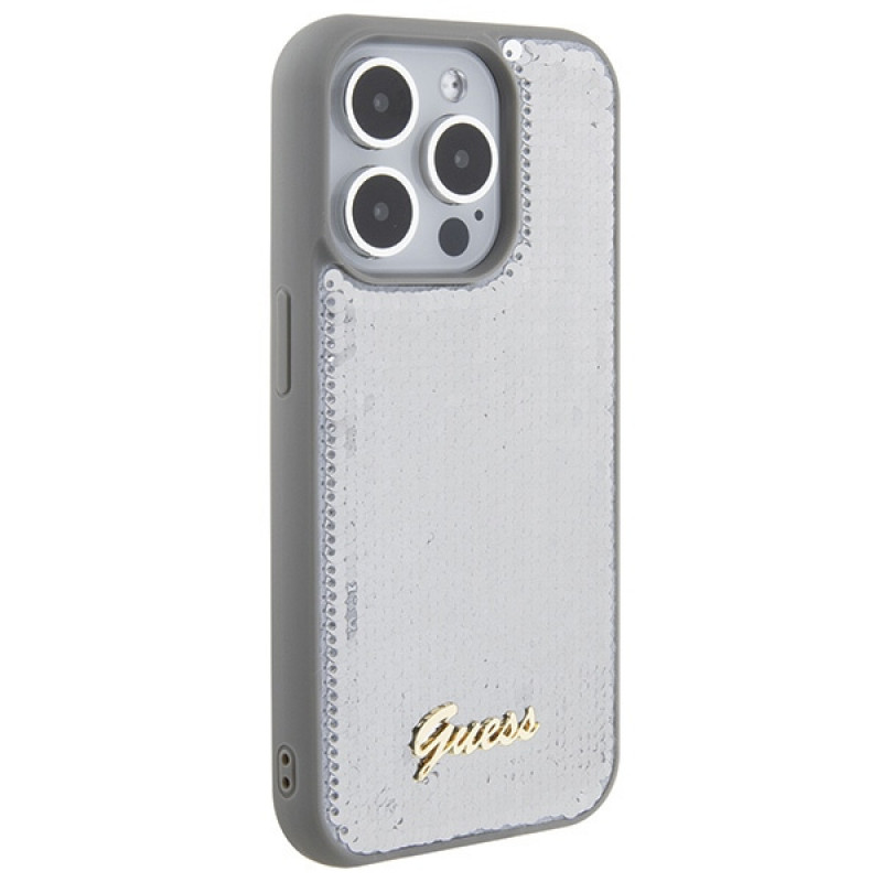 Guess GUHCP15XPSFDGSS Sequin Script Metal -kovakotelo Apple iPhone 15 Pro Max -puhelimelle, hopea