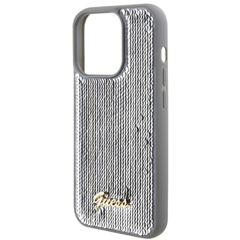 Guess GUHCP15XPSFDGSS Sequin Script Metal -kovakotelo Apple iPhone 15 Pro Max -puhelimelle, hopea