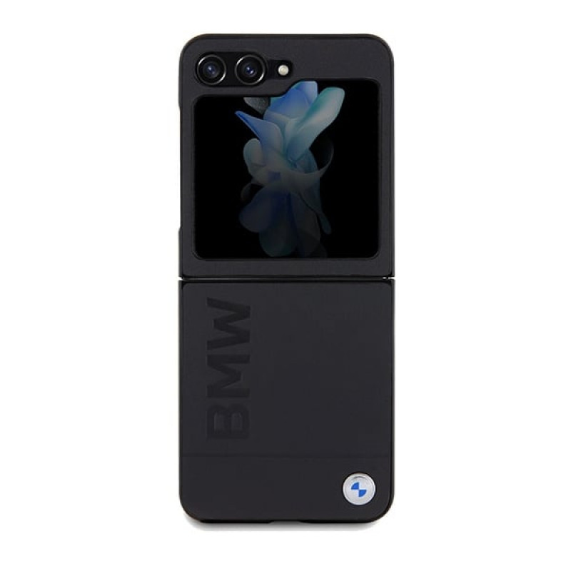 BMW BMHCZF5SLLBK Leather Hot Stamp -kovakotelo Samsung Galaxy Z Flip5 -puhelimelle, musta
