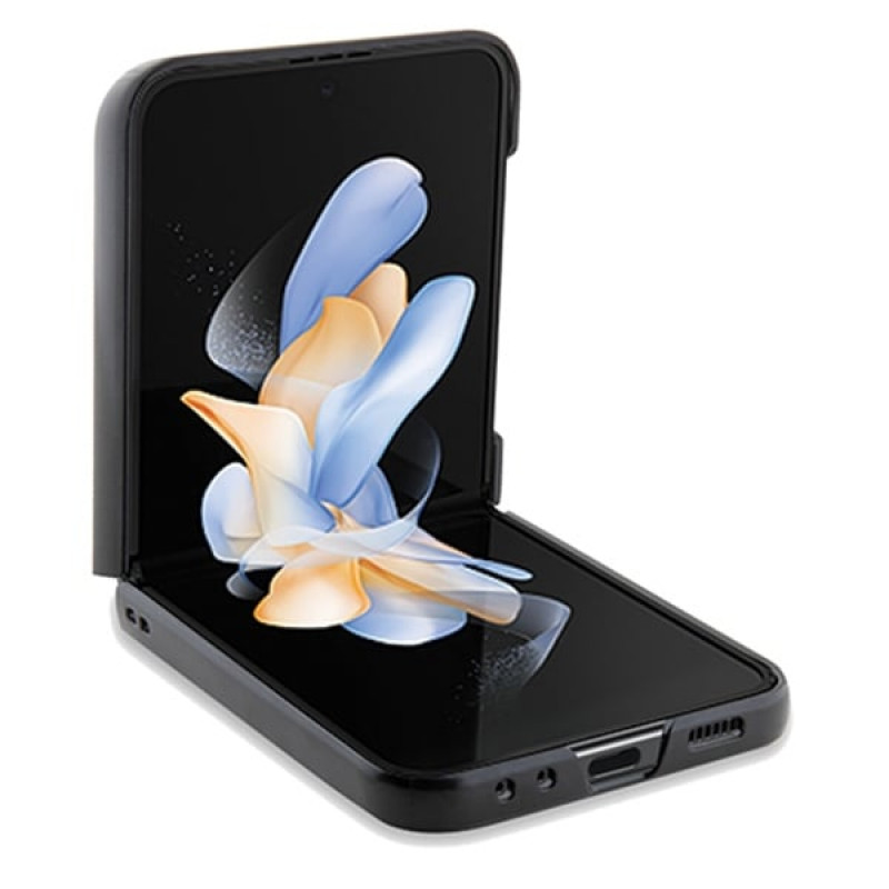 BMW BMHCZF5SLLBK Leather Hot Stamp -kovakotelo Samsung Galaxy Z Flip5 -puhelimelle, musta