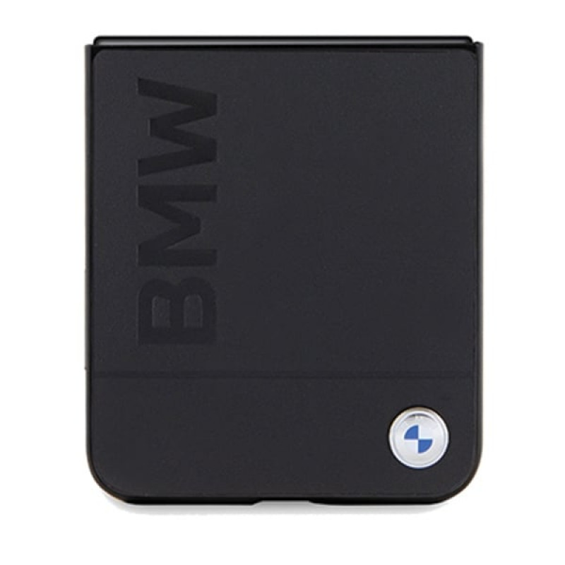 BMW BMHCZF5SLLBK Leather Hot Stamp -kovakotelo Samsung Galaxy Z Flip5 -puhelimelle, musta