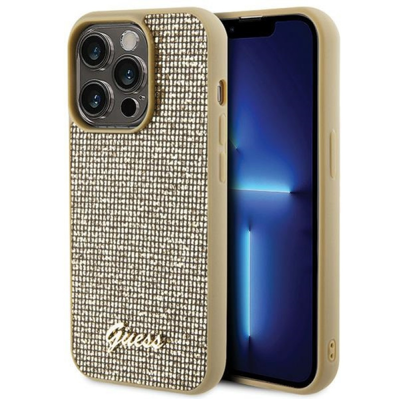 Guess GUHCP15LPMSDGSD Disco Metal Script -kovakotelo Apple iPhone 15 Pro -puhelimelle, kulta