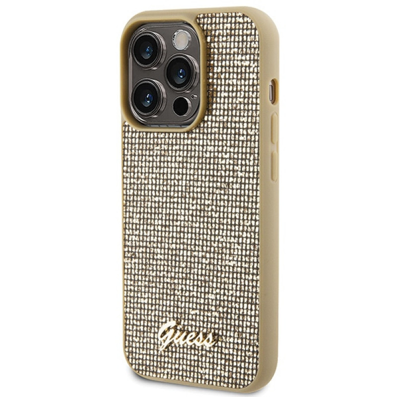 Guess GUHCP15LPMSDGSD Disco Metal Script -kovakotelo Apple iPhone 15 Pro -puhelimelle, kulta