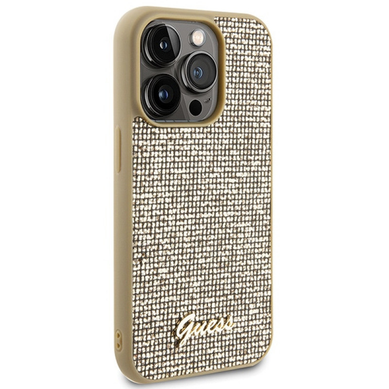 Guess GUHCP15LPMSDGSD Disco Metal Script -kovakotelo Apple iPhone 15 Pro -puhelimelle, kulta