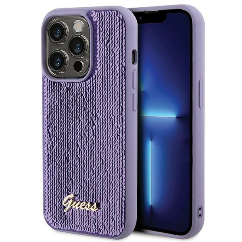 Guess GUHCP15XPSFDGSU Sequin Script Metal -kovakotelo Apple iPhone 15 Pro Max -puhelimelle, violetti