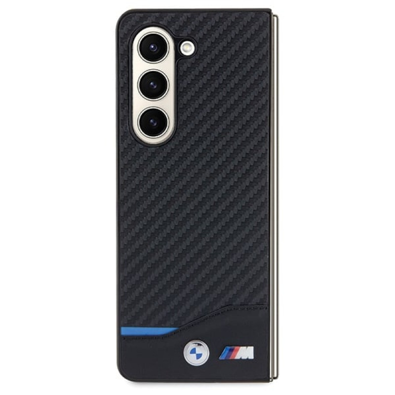 BMW BMHCZFD522NBCK Leather Carbon -kovakotelo Samsung Galaxy Z Fold5 -puhelimelle, musta