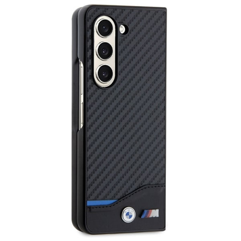 BMW BMHCZFD522NBCK Leather Carbon -kovakotelo Samsung Galaxy Z Fold5 -puhelimelle, musta
