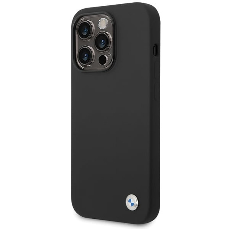 BMW BMHCP15LSILBK Apple iPhone 15 Pro -suojakotelo, silikonia ja metallilogo, musta