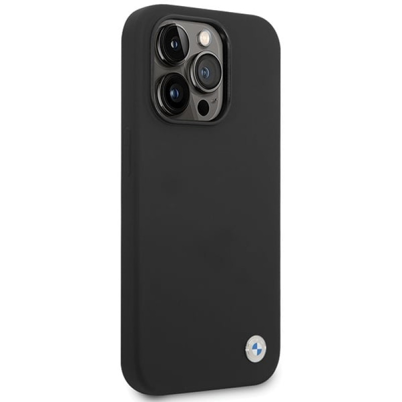 BMW BMHCP15LSILBK Apple iPhone 15 Pro -suojakotelo, silikonia ja metallilogo, musta