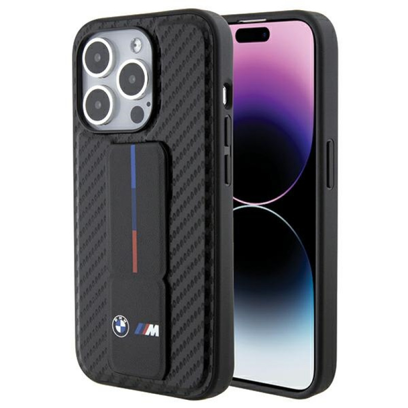 BMW BMHCP15LGSPCCK Apple iPhone 15 Pro -kovakotelo Grip Stand Smooth & Carbon, musta