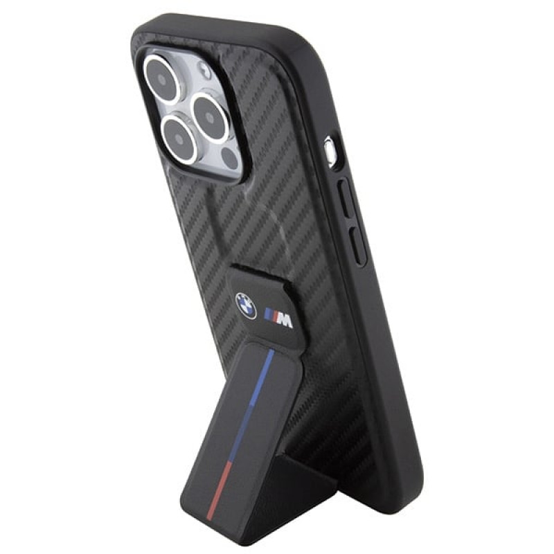 BMW BMHCP15LGSPCCK Apple iPhone 15 Pro -kovakotelo Grip Stand Smooth & Carbon, musta