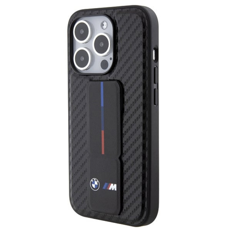 BMW BMHCP15LGSPCCK Apple iPhone 15 Pro -kovakotelo Grip Stand Smooth & Carbon, musta