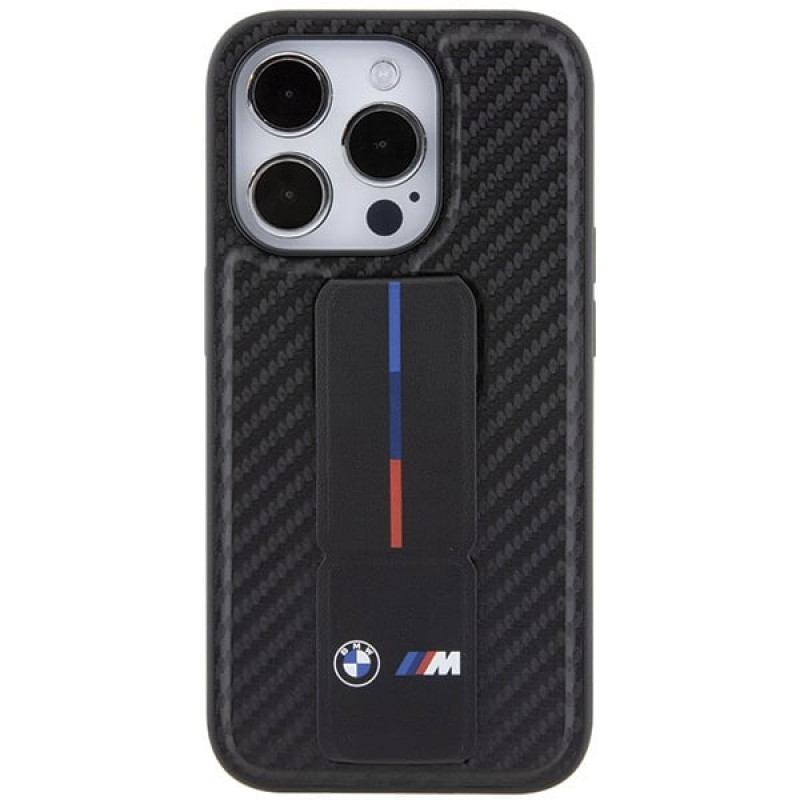 BMW BMHCP15LGSPCCK Apple iPhone 15 Pro -kovakotelo Grip Stand Smooth & Carbon, musta