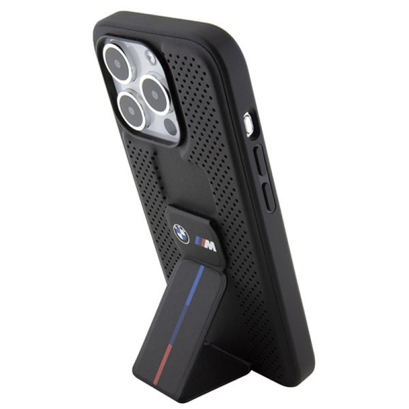 BMW BMHCP15LGSPPRK Apple iPhone 15 Pro -kovakotelo Grip Stand Smooth & Perforated, musta